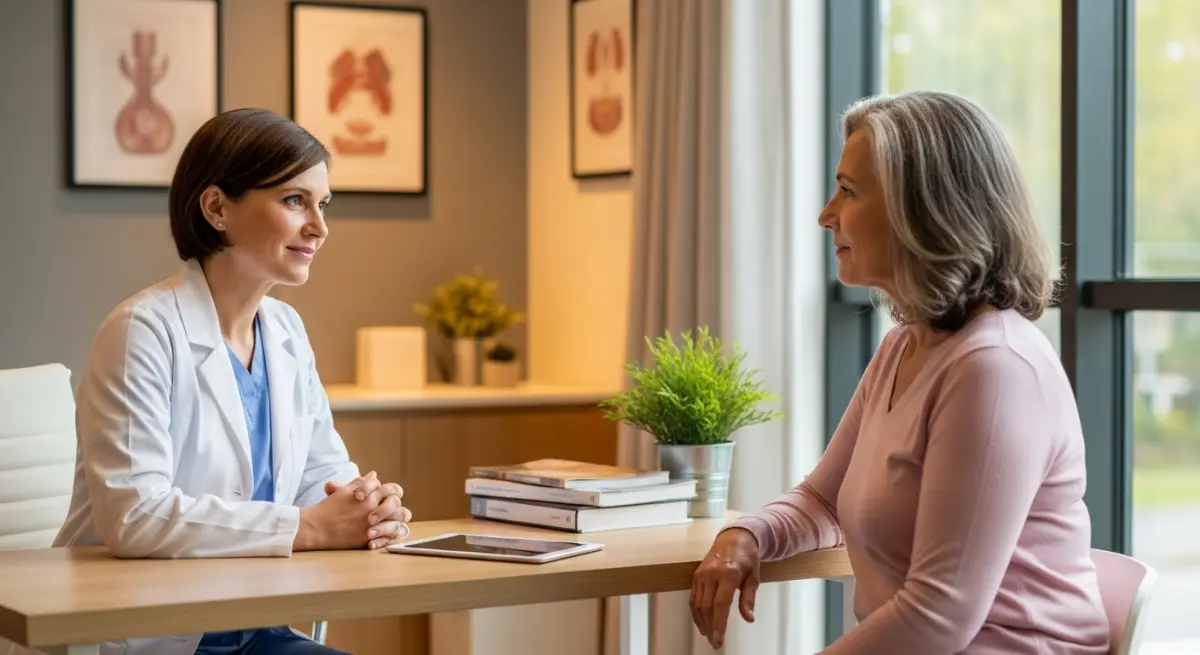 Gynecologic oncologist consulting with female patient about ovarian cancer treatment options