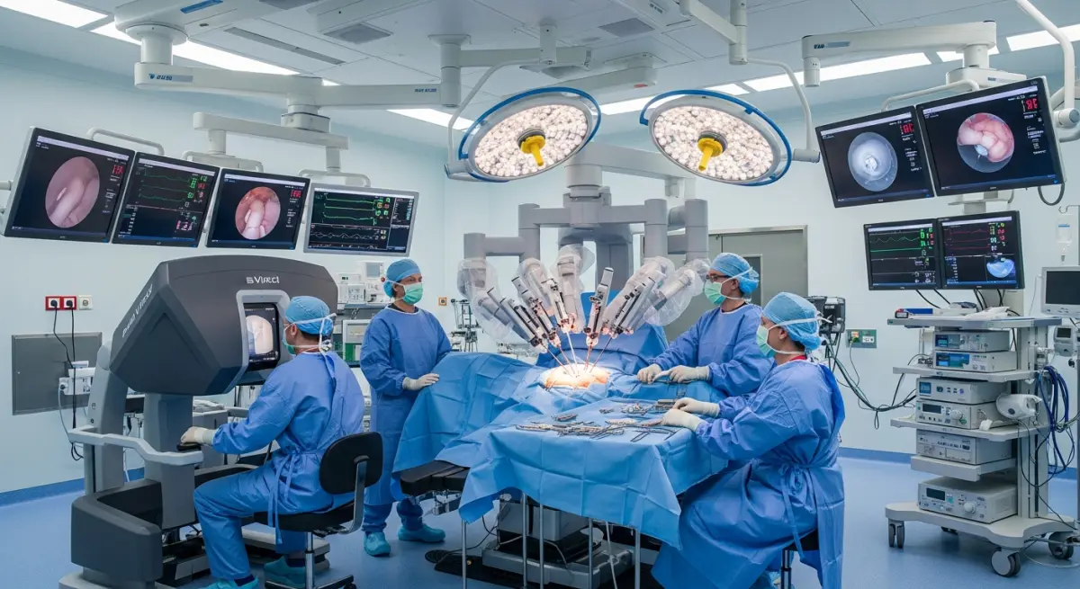 Robotic gynecologic surgery team performing minimally invasive ovarian cancer procedure