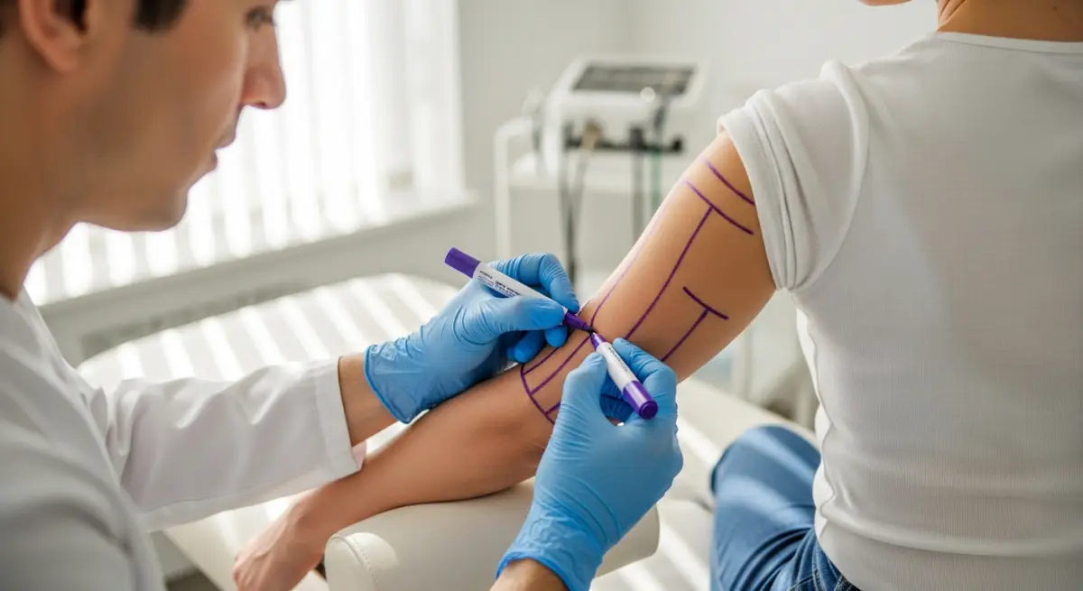 Plastic surgeon marking incision lines on patient arm before brachioplasty procedure