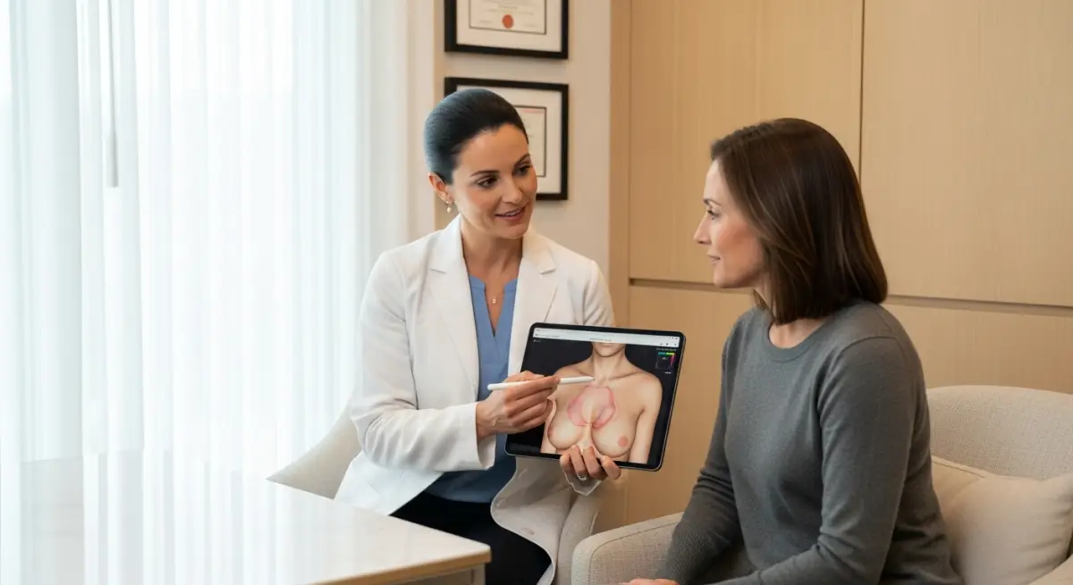 Female patient consulting with plastic surgeon about breast reduction surgery