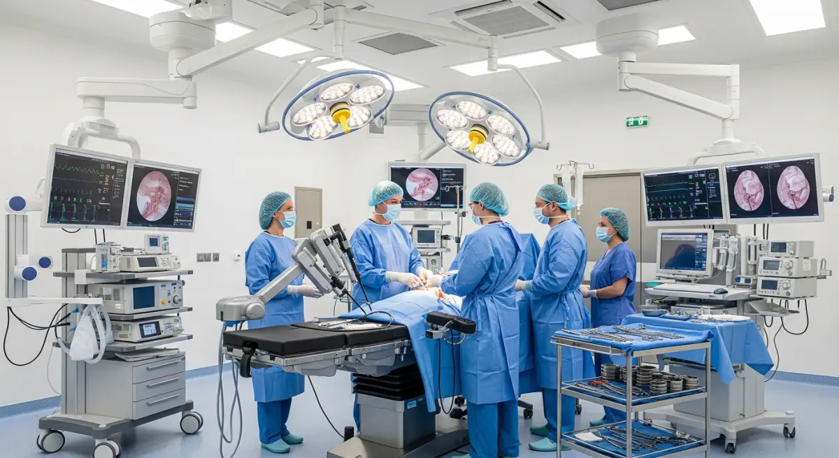 Modern plastic surgery operating room prepared for breast reduction procedure