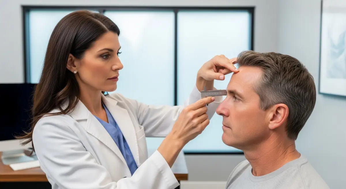 Surgeon marking brow lift incision points on patient face before surgery