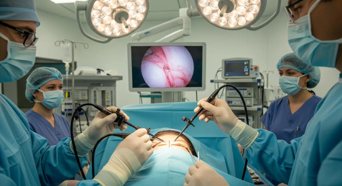 Endoscopic brow lift procedure in progress in modern operating room