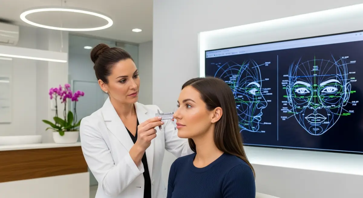 Surgeon consulting patient about facial symmetry and implant options using 3D facial imaging