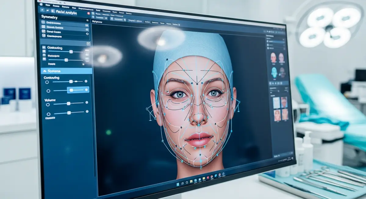 Patient reviewing digital facial design with plastic surgeon before cheek and chin implant surgery