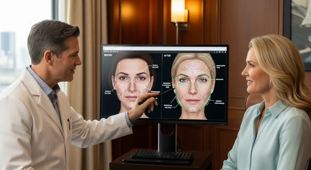 Doctor consulting patient about fat transfer augmentation options with body diagrams