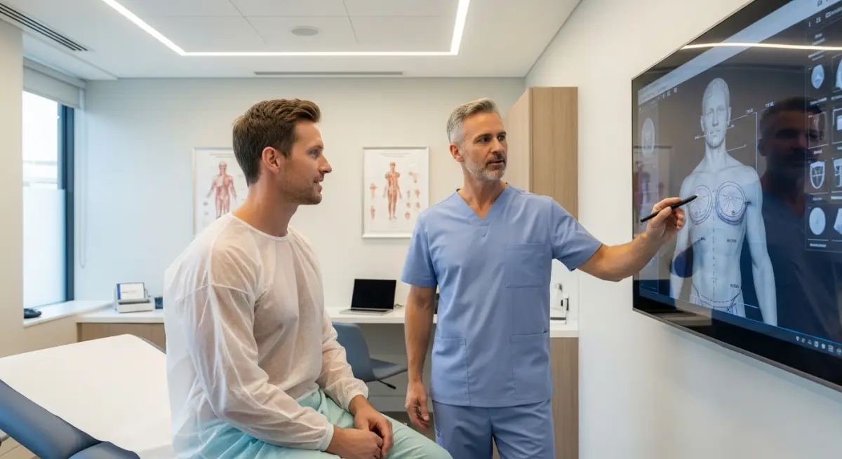 Male patient consulting with plastic surgeon about gynecomastia treatment