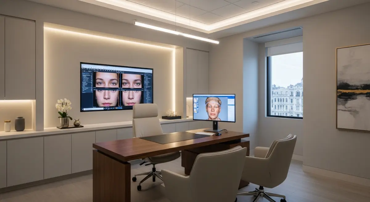 Surgeon reviewing before and after chest photos with patient in modern clinic