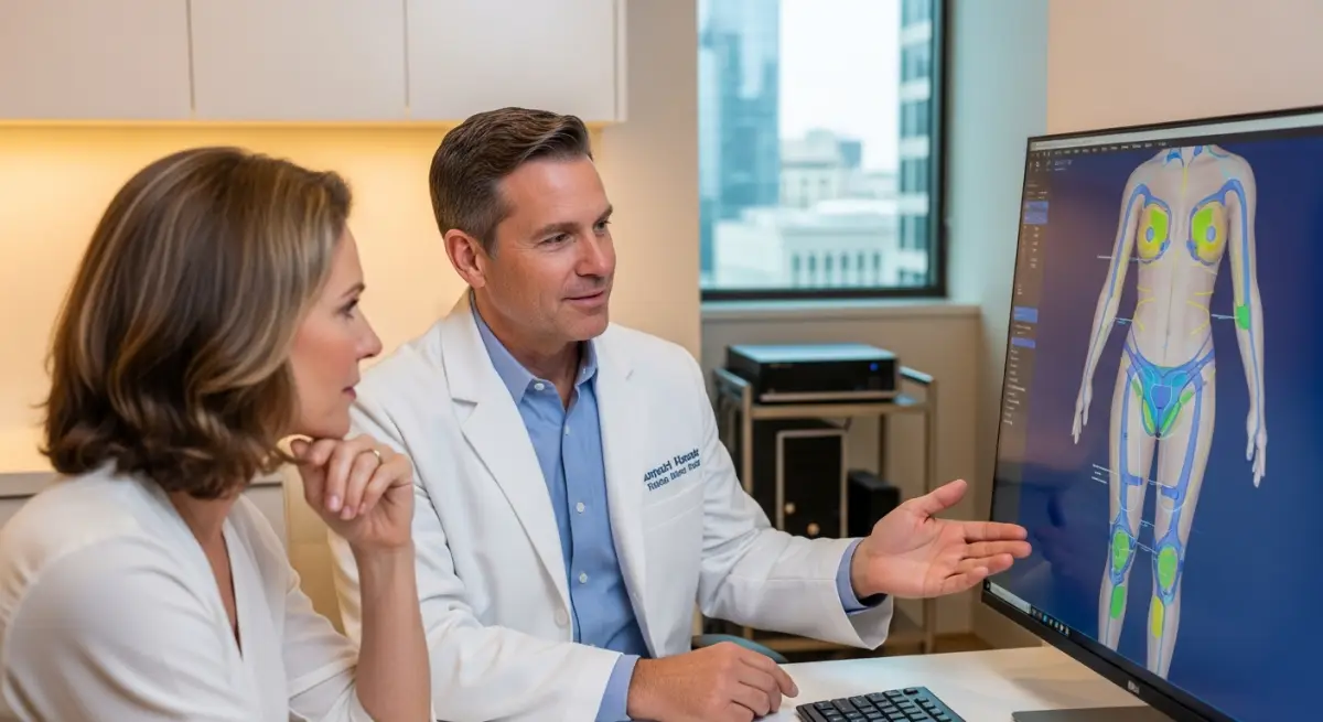 Patient consulting with surgeon about lower body lift using body imaging software