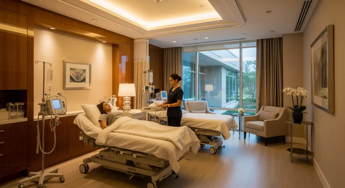 Patient in recovery room wearing compression garment after lower body lift surgery