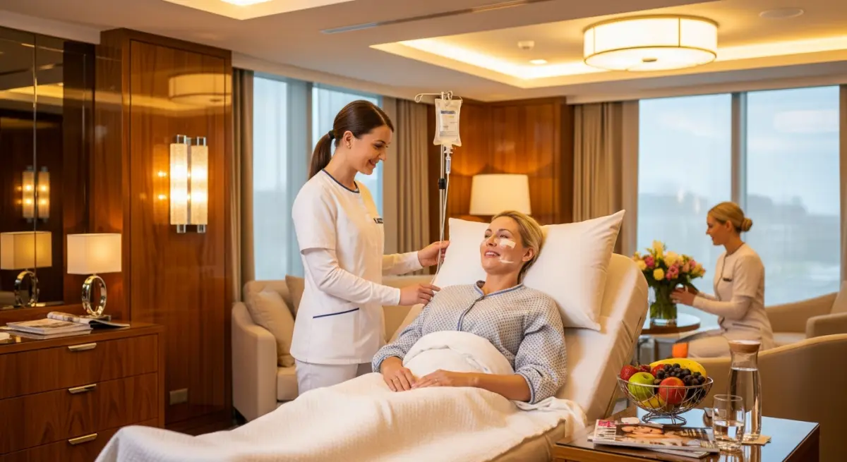 Recovery care after thigh lift surgery in private hospital room