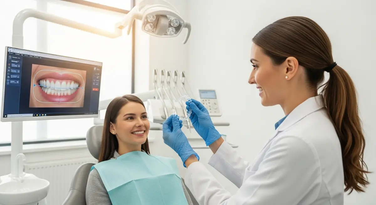 Patient holding clear aligner trays in modern dental clinic with smile design tools