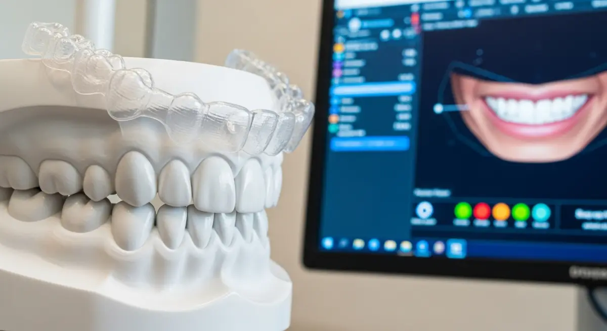 Dentist showing digital smile simulation on screen to patient in orthodontic consultation