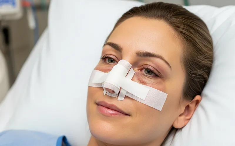 Patient recovering after septoplasty with nasal splint bandage