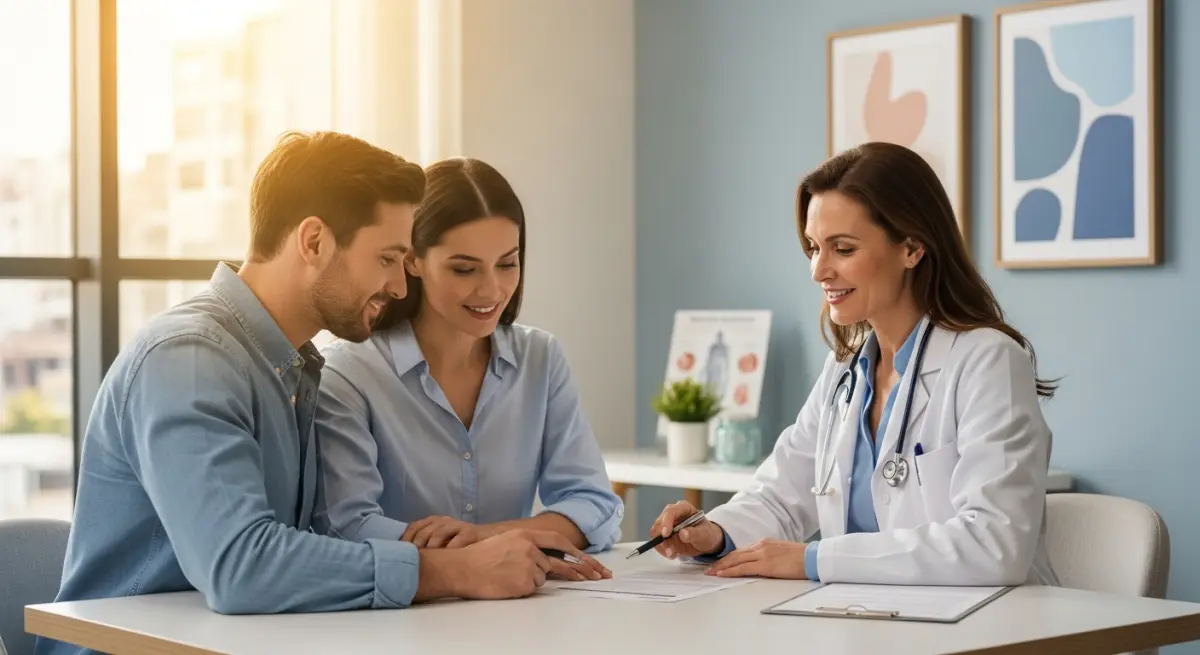 Fertility specialist consulting couple about surrogacy options in modern clinic