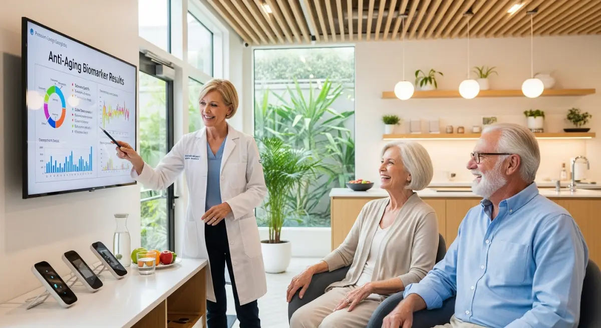 Luxury longevity clinic treatment room with advanced monitoring equipment and patient receiving IV therapy