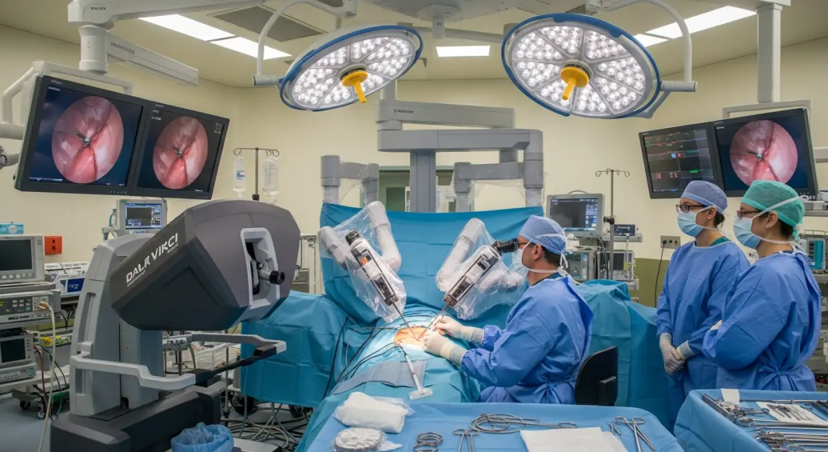Da Vinci robotic surgical system in modern operating room with surgical team