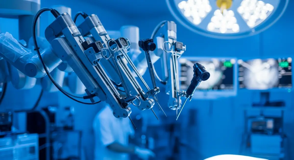 Surgeon controlling robotic surgery console with 3D visualization screen