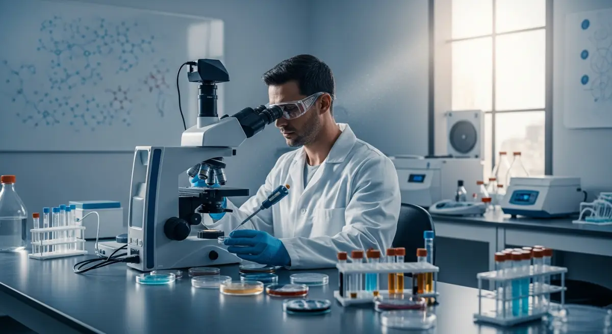 Advanced stem cell laboratory with scientist examining cultures under microscope