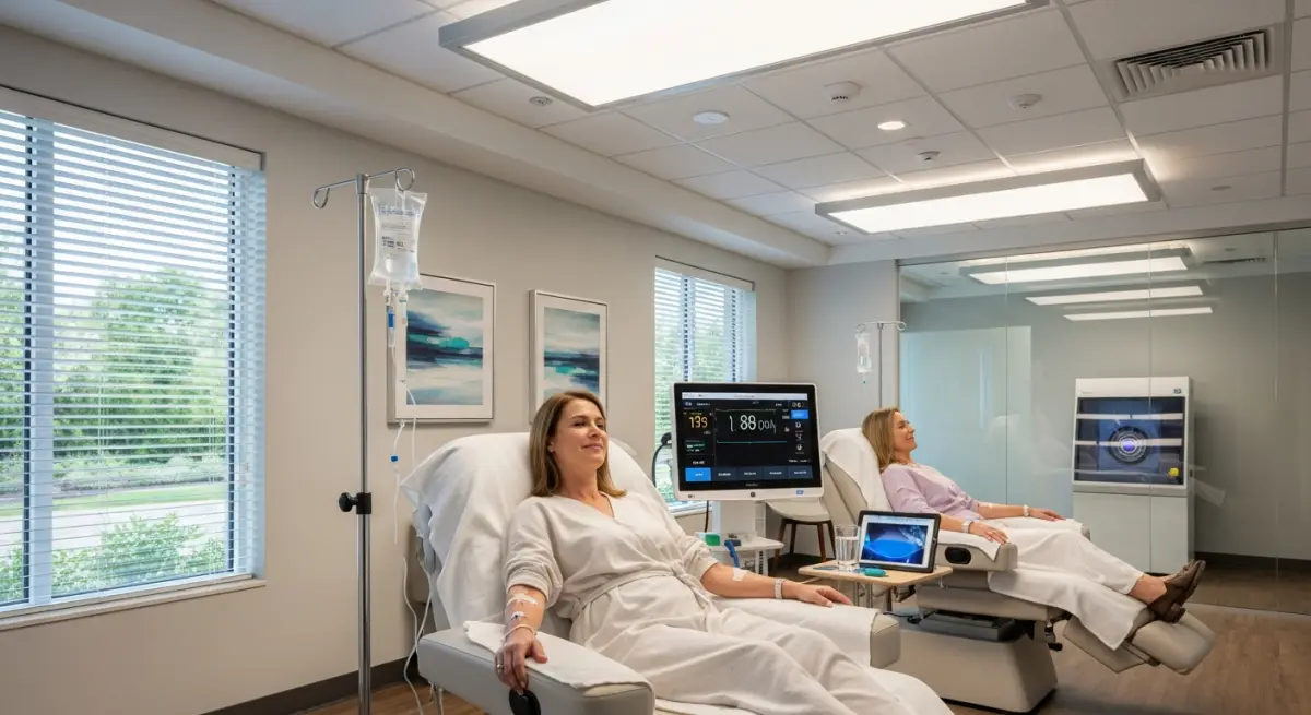Modern regenerative medicine clinic consultation room with cellular therapy visualization