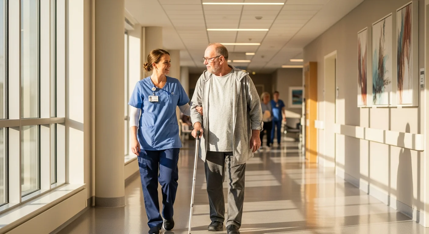 Compassionate caregiver walking with recovering patient through bright modern hospital corridor