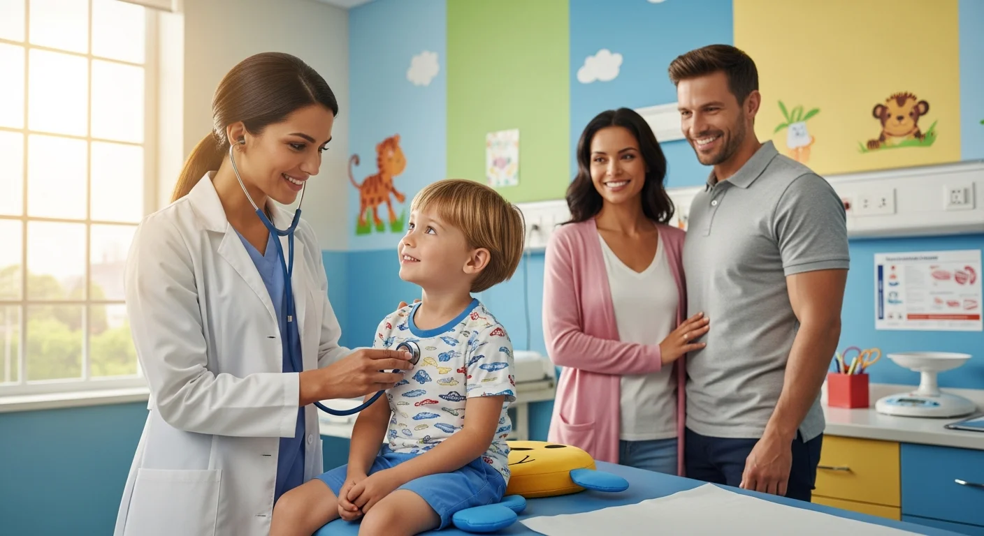 Gentle pediatrician examining happy child while supportive parents watch in colorful modern children's hospital