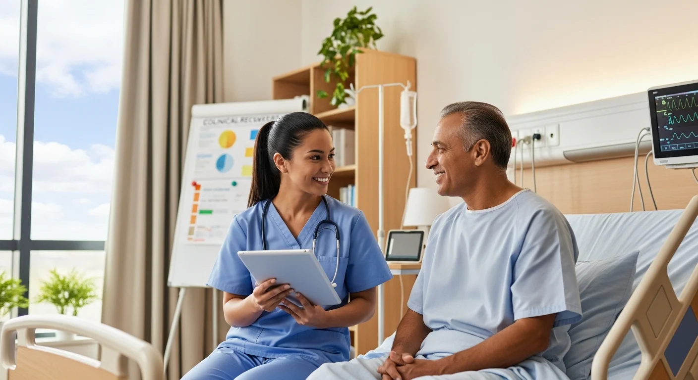 Caring nurse reviewing recovery notes with international patient in bright hospital recovery room