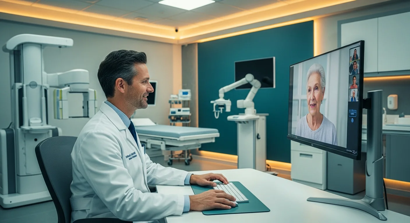 Doctor conducting telemedicine video consultation with international patient on large monitor in modern clinic