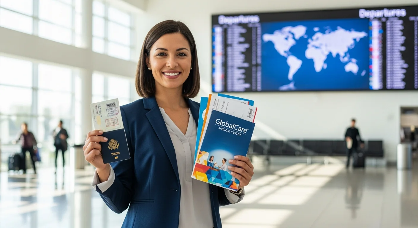 International patient at airport holding passport and medical travel documents with departure board in background