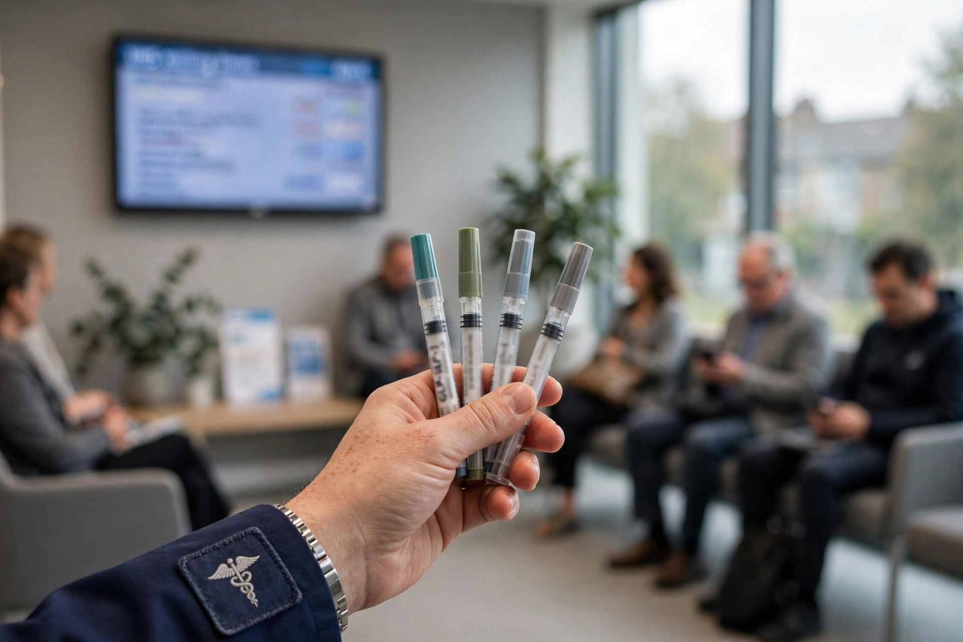 GLP-1 receptor agonist pens (Ozempic, Wegovy, Mounjaro) in a medical waiting room