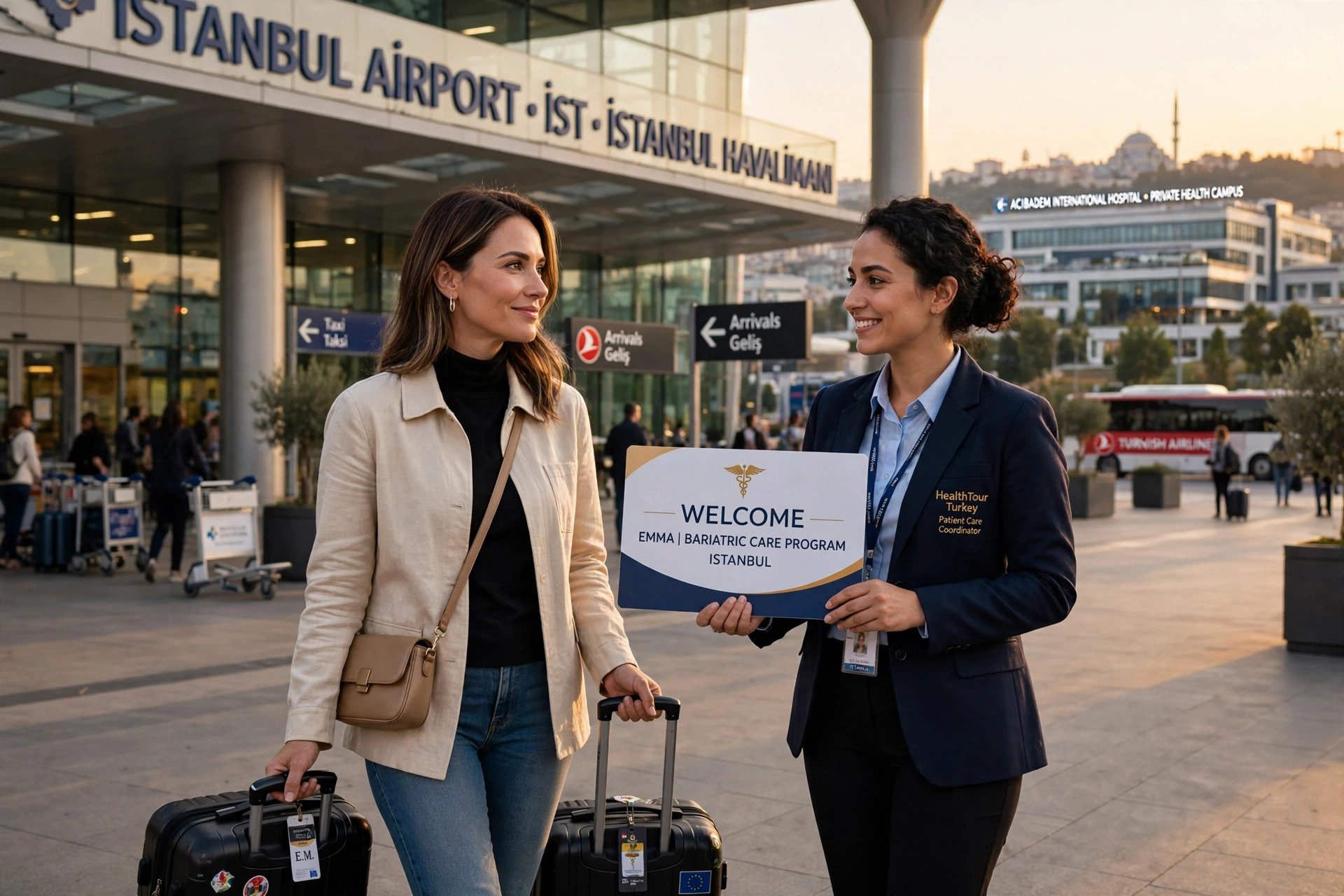 International bariatric patient arriving at Istanbul Airport with patient coordinator welcome sign