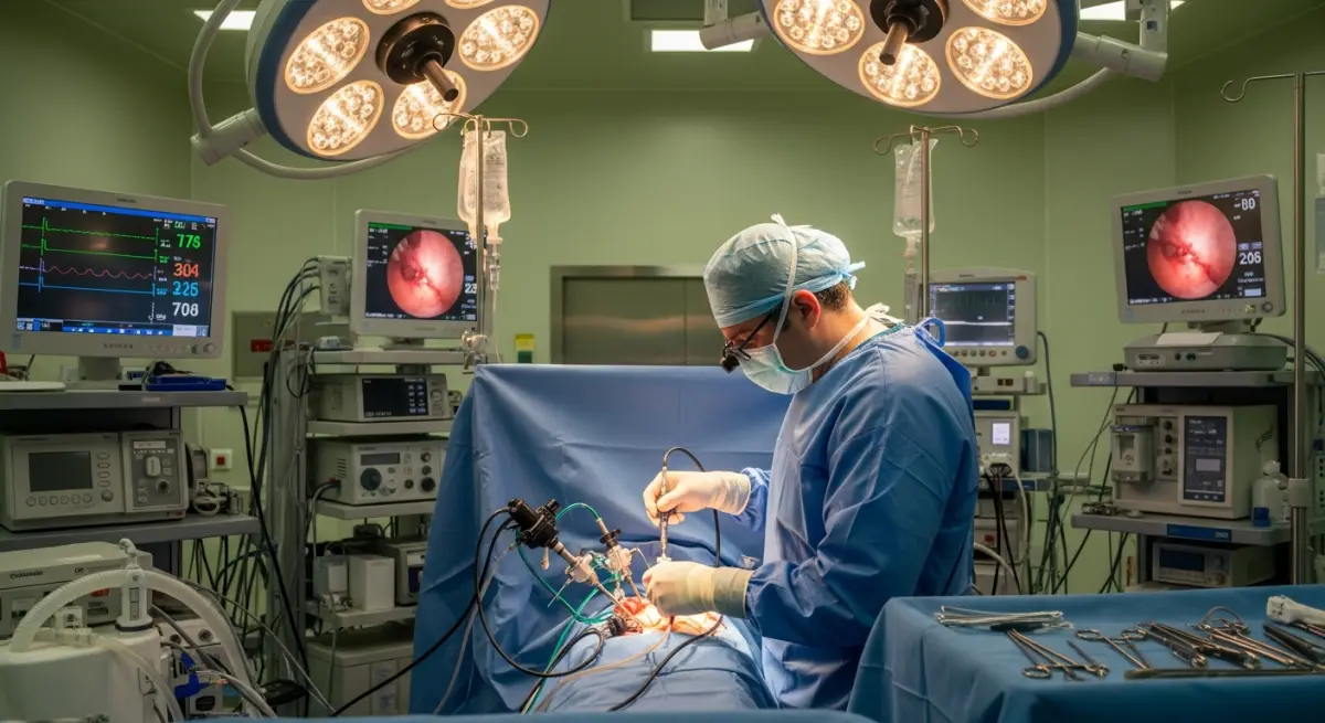 Turkish transplant surgeon team performing laparoscopic kidney transplant in Istanbul hospital operating room