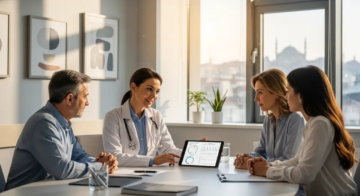Turkish nephrologist consulting with kidney transplant patient and family in bright hospital room